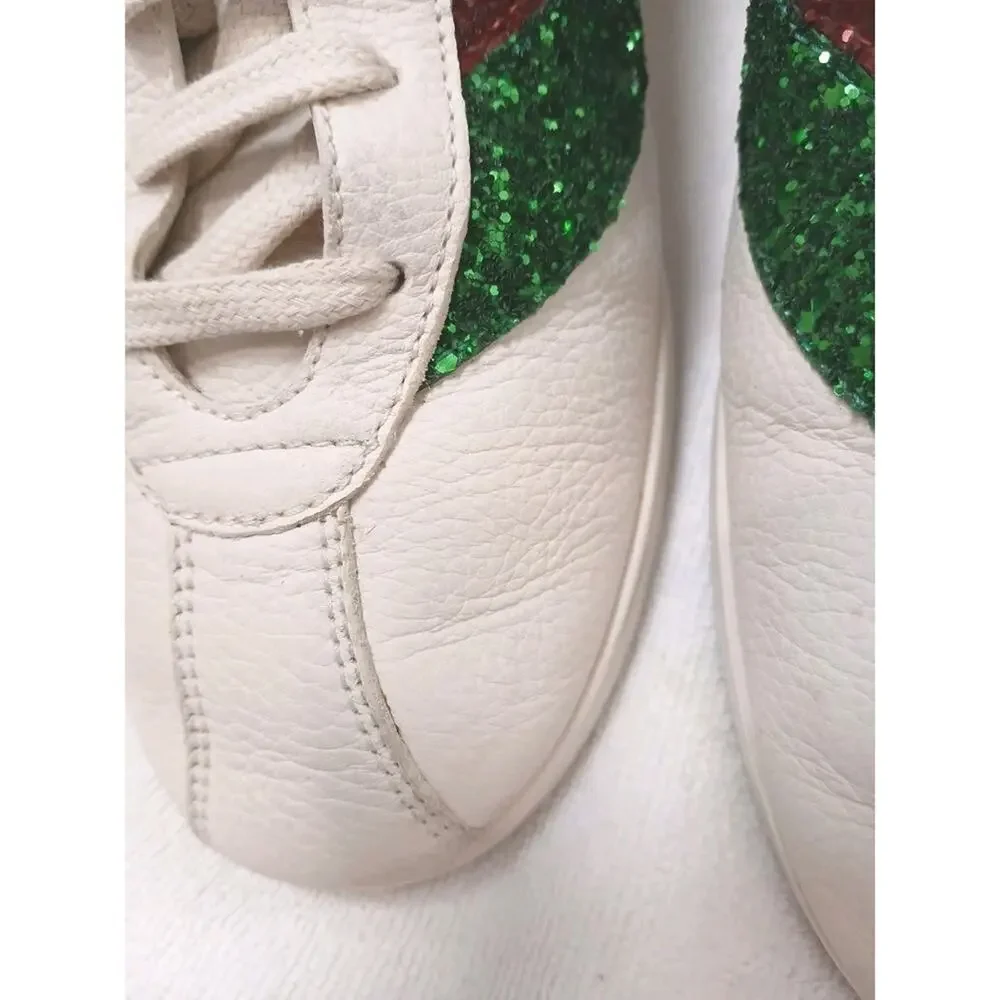 RARE Gucci Falacer Glitter Sneakers Men Sz 7 White Leather Green Red SPARKLE